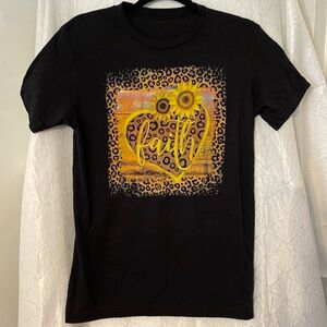 NWOT Black t-shirt with Faith and sunflowers. Size small. Wears like an XS